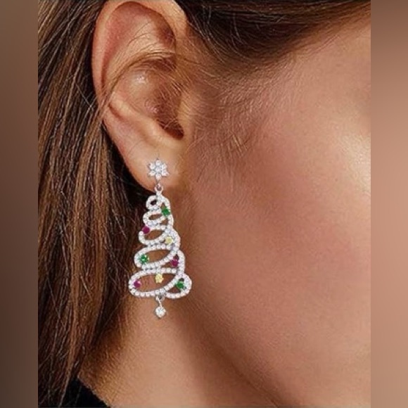 Festive Silver Pave Rhinestone Christmas Tree Earrings - Picture 2 of 4